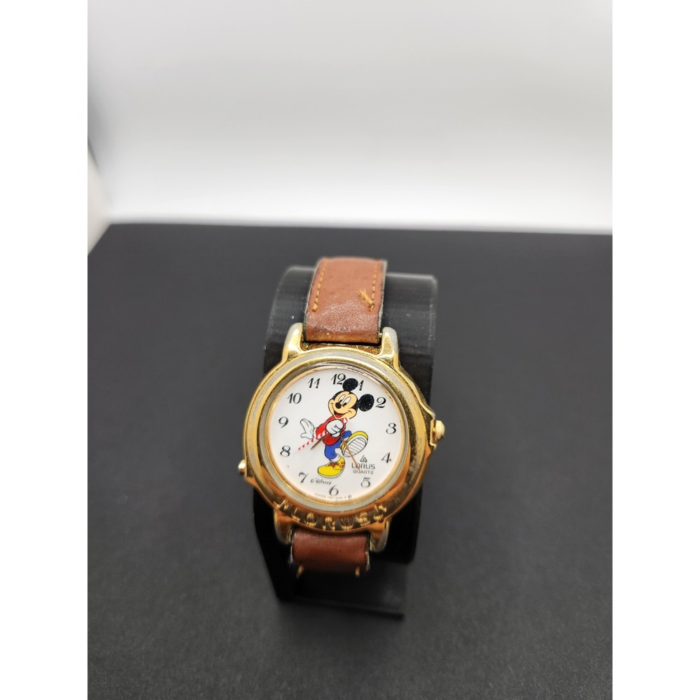 Vintage Lorus Mickey Mouse Watch Gold Tone V421-0020 Brown Leather Band as is